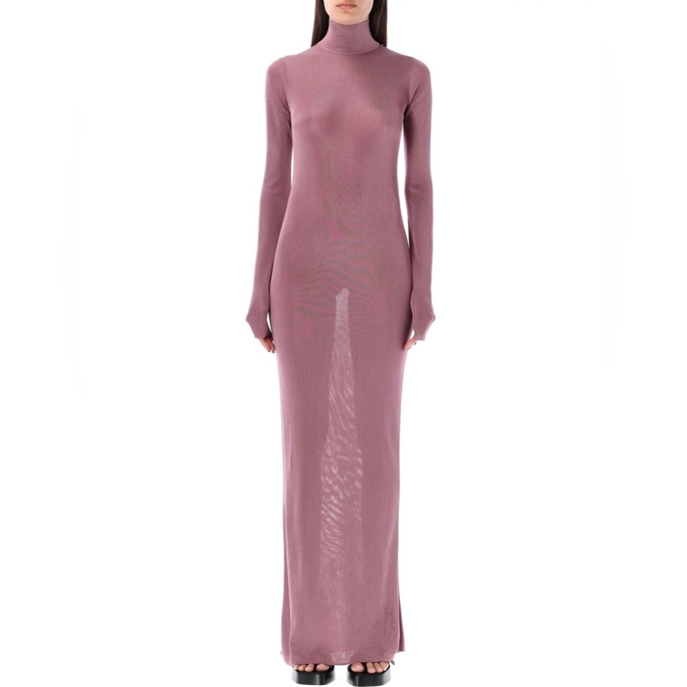 Saint Laurent Mauve Sheer Knit Turtleneck Maxi Dress NWT